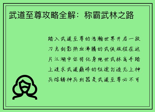 武道至尊攻略全解:称霸武林之路