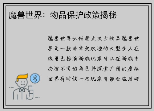 魔兽世界：物品保护政策揭秘